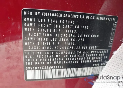 2018 Volkswagen Tiguan 2.0T S из США, поврежденный, VIN 3VV1B7AX4JM031769